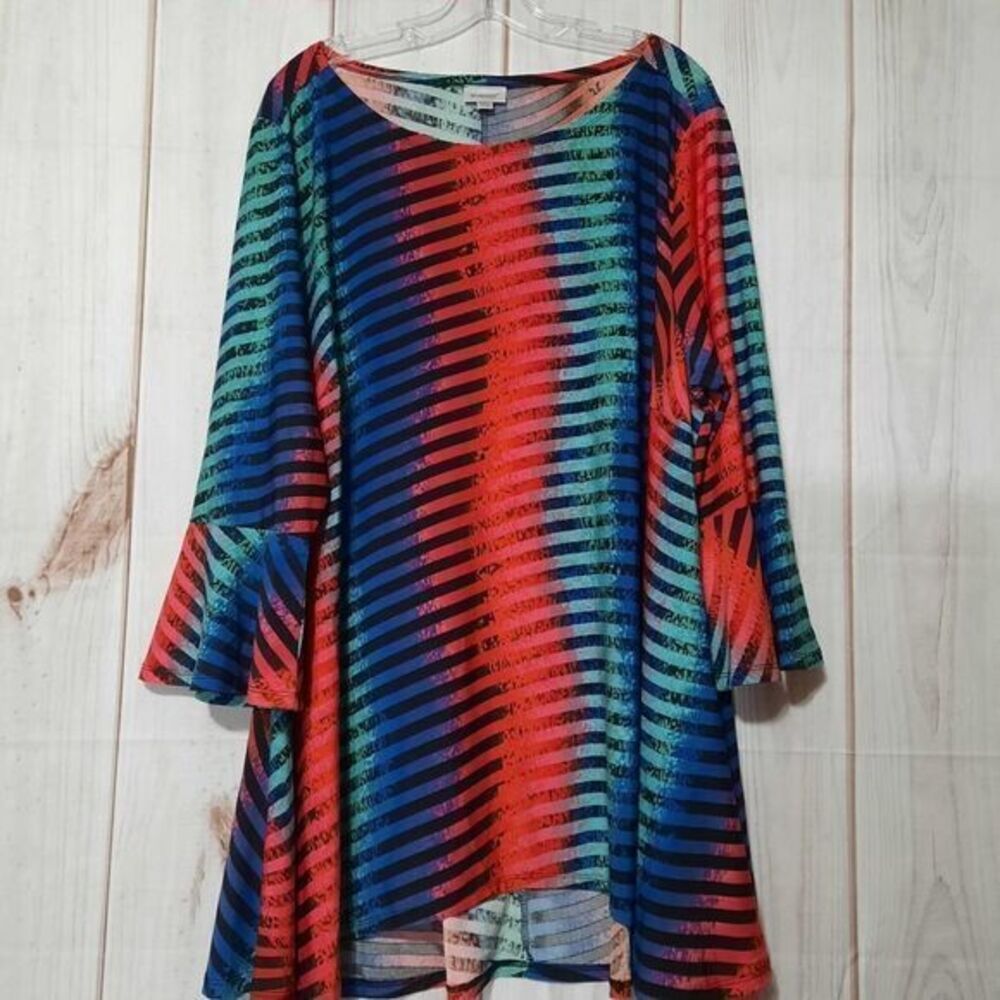 Avenue Womens Plus Size 26/28 Multi Color Abstract Stripe Bell‎ Sleeve Tunic Top